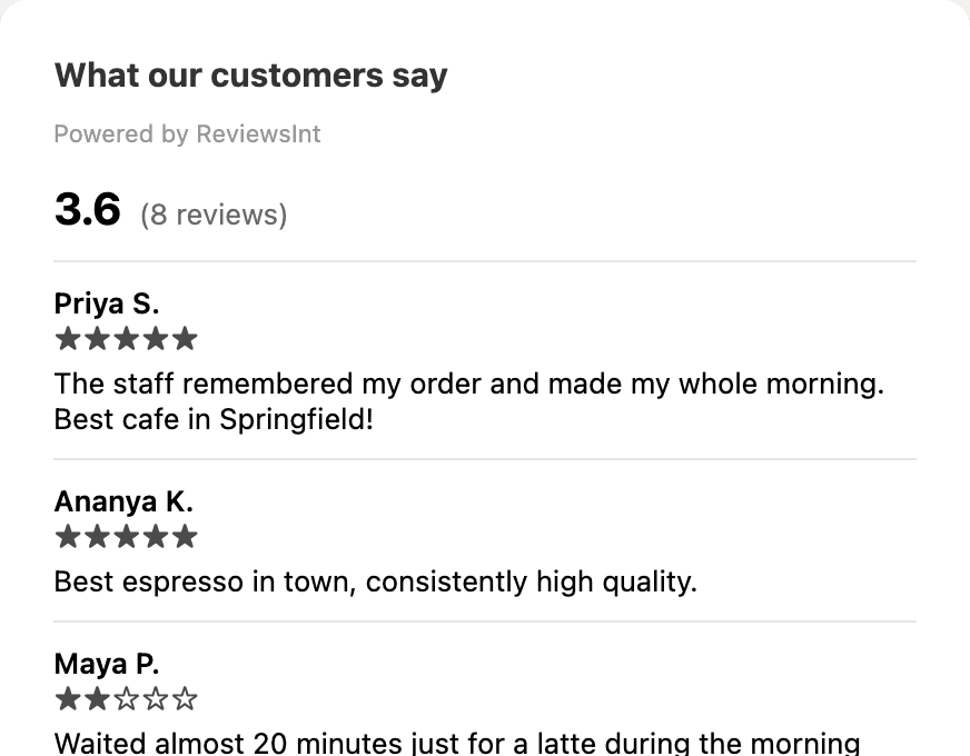 Embeddable review widget on a sample site